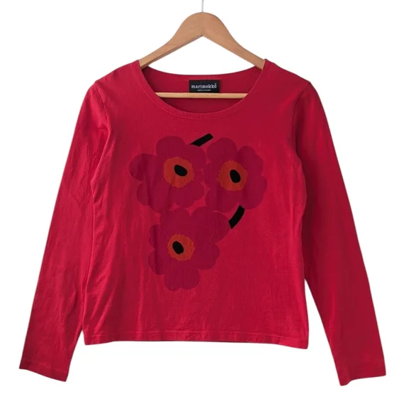 Vintage Marimekko Graphic Floral Red Long Sleeve Tee - Picture 2 of 11